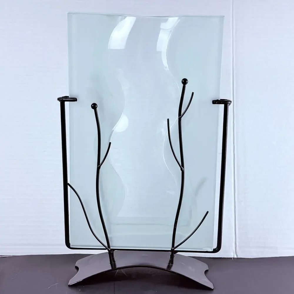 Modern Fused Art Glass Vase Frosted Wavy Clear Black Metal Stand Abstract 13.5